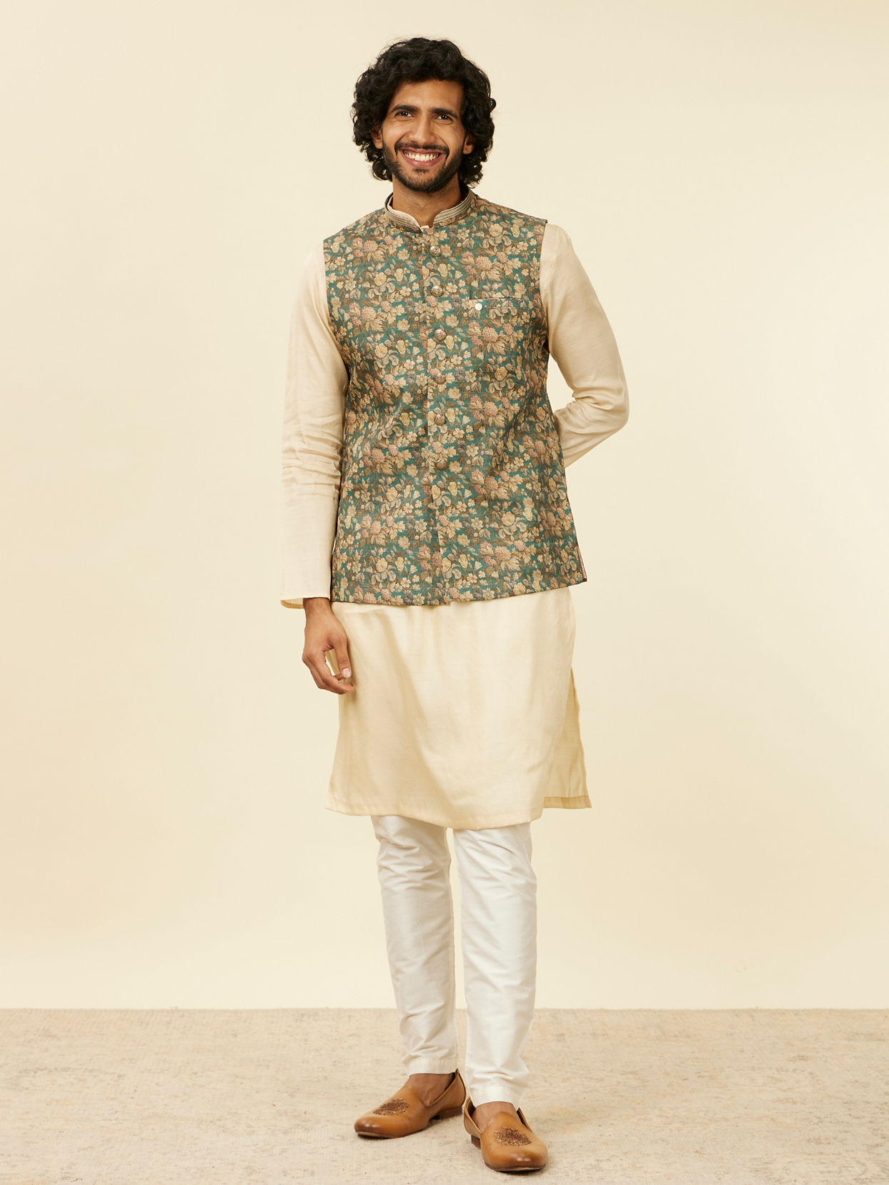 alt message - Manyavar Men Teal Green Floral Printed Nehru Jacket image number 2